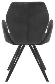 Rückansicht eines modernen Armlehnenstuhls mit schwarzem Bezug und Metallbeinen.