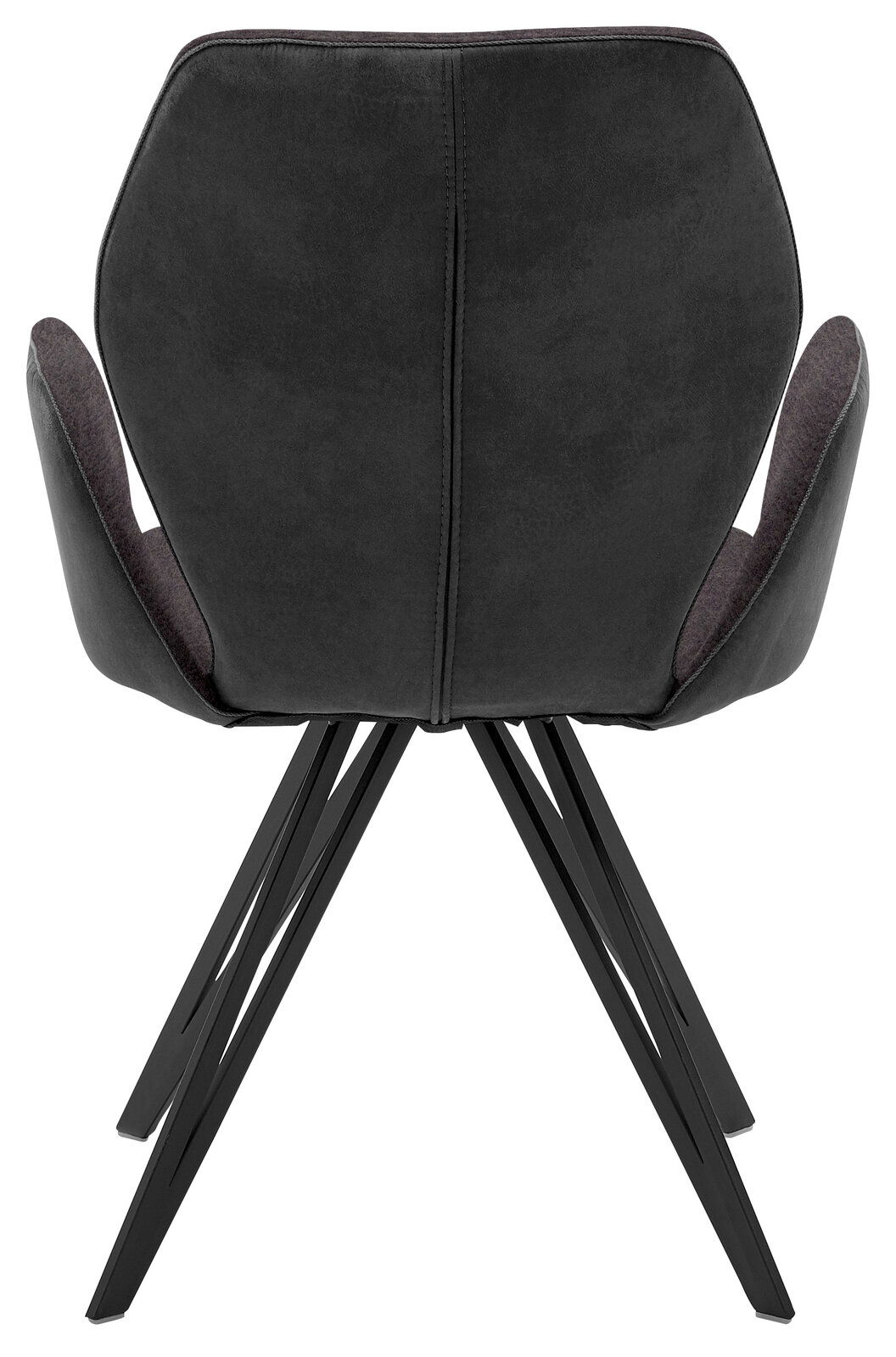 Rückansicht eines modernen Armlehnenstuhls mit schwarzem Bezug und Metallbeinen.