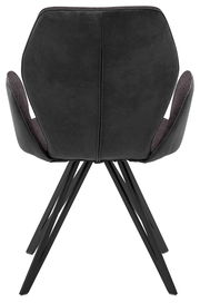 Rückansicht eines modernen Armlehnenstuhls mit schwarzem Bezug und Metallbeinen.