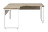 Moderner Eckschreibtisch in L-Form mit Holzoberfläche und weißen Metallbeinen, Frontalansicht.