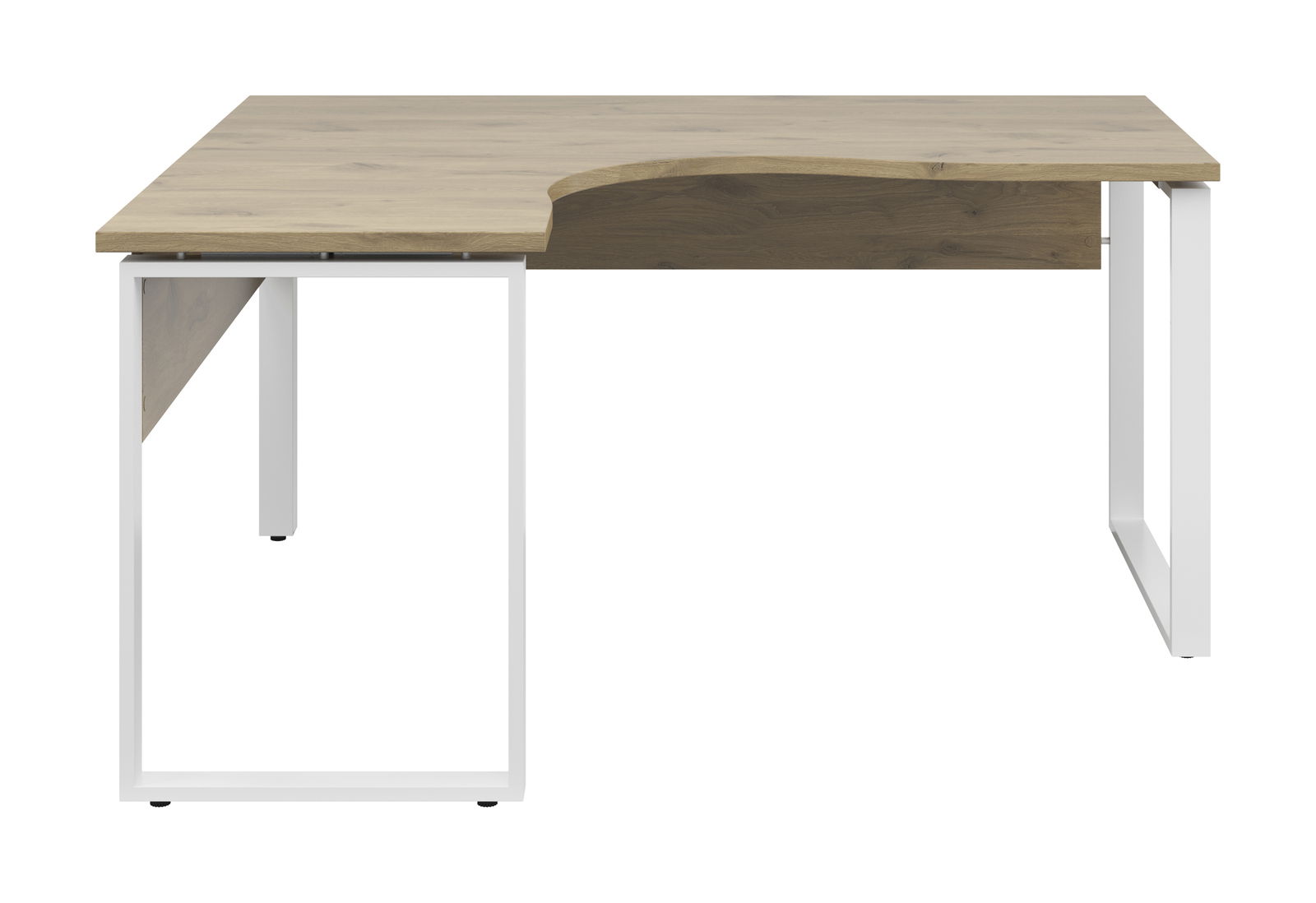 Moderner Eckschreibtisch in L-Form mit Holzoberfläche und weißen Metallbeinen, Frontalansicht.