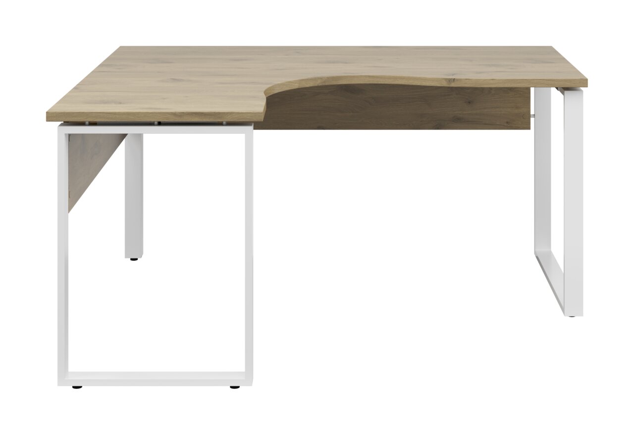 Modern L-vormig hoekbureau met houten blad en witte metalen poten, gezien van voren.