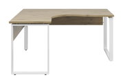 Modern L-vormig hoekbureau met houten blad en witte metalen poten, gezien van voren.