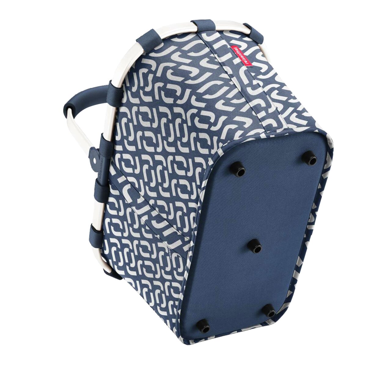 Draagtas in marineblauw met een wit geometrisch patroon, zijaanzicht