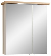 Moderner Spiegelschrank mit zwei Türen und Holzablage, Frontalansicht