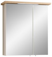 Moderner Spiegelschrank mit zwei Türen und Holzablage, Frontalansicht