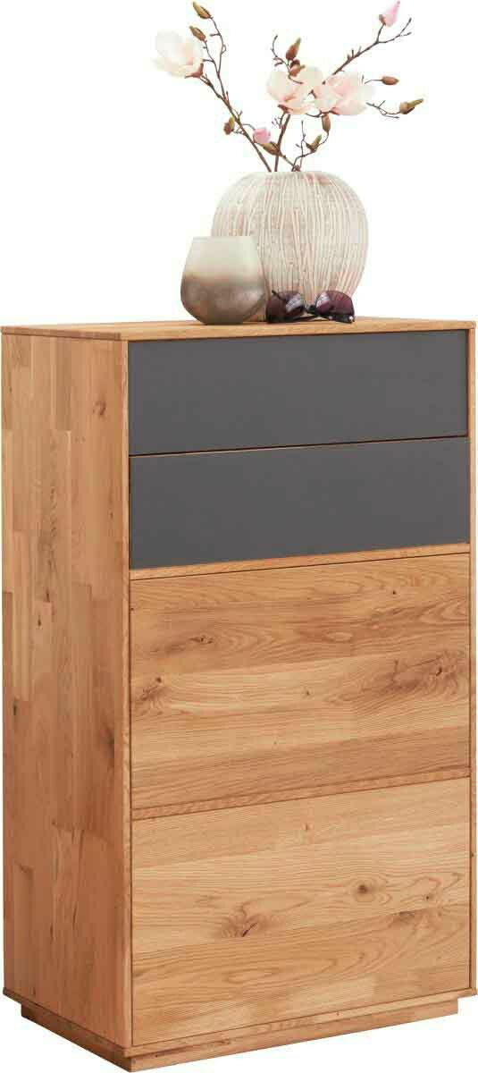 Moderner Schuhschrank aus Holz mit zwei grauen Schubladen und dekorativen Vasen auf der Oberseite, seitliche Perspektive