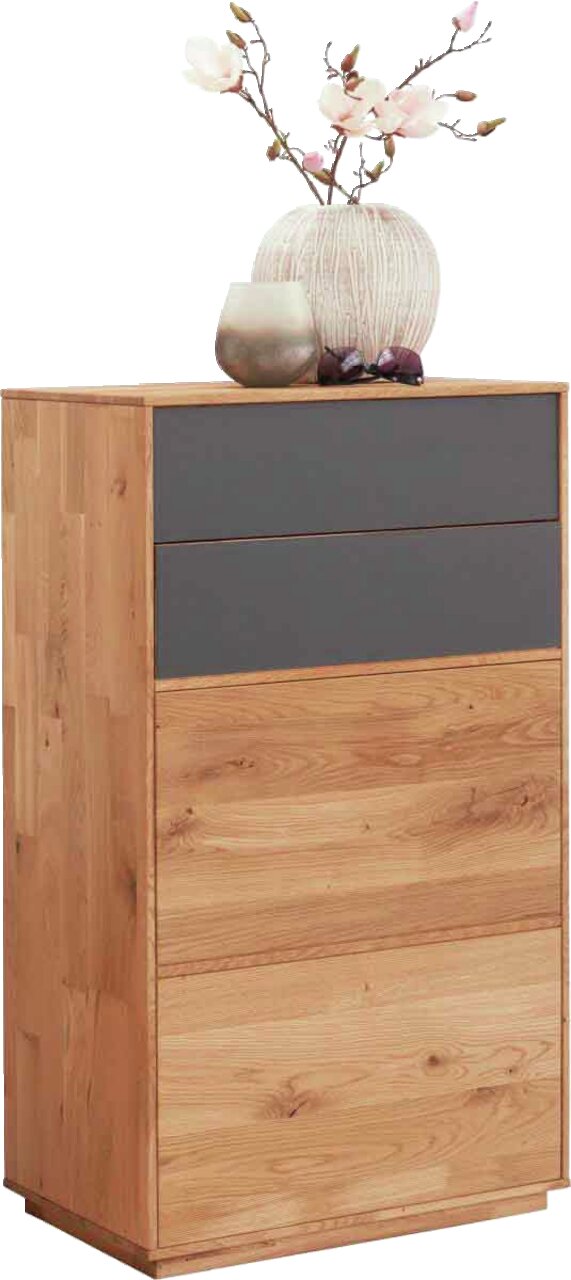 Moderner Schuhschrank aus Holz mit zwei grauen Schubladen und dekorativen Vasen auf der Oberseite, seitliche Perspektive