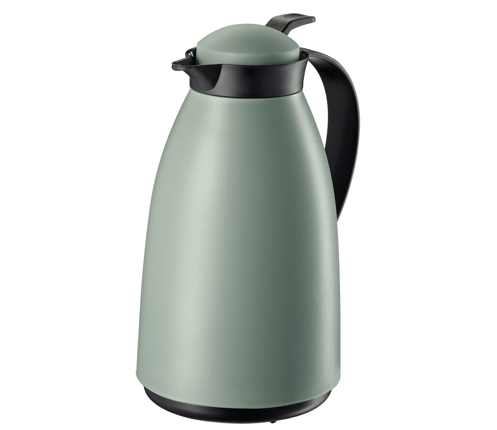 Grüne matte Isolierkanne mit schwarzem Griff und Deckel, seitliche Perspektive
