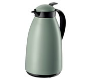 Grüne matte Isolierkanne mit schwarzem Griff und Deckel, seitliche Perspektive