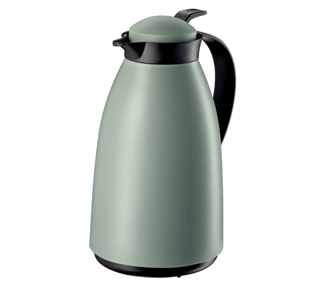 Grüne matte Isolierkanne mit schwarzem Griff und Deckel, seitliche Perspektive