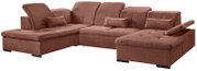 Braune Ecksofa mit verstellbaren Kopfstützen und Kissen, Perspektive von vorne links