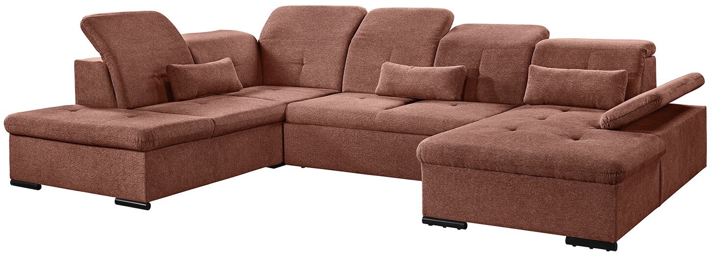 Braune Ecksofa mit verstellbaren Kopfstützen und Kissen, Perspektive von vorne links