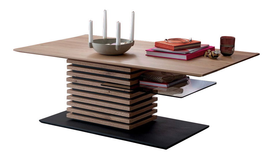 Schöner Wohnen Couchtisch YONNA Moderner Couchtisch mit gestapeltem Holzdesign und rechteckiger Tischplatte, seitliche Perspektive