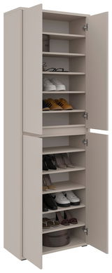 XXL-Schuh- und Mehrzweckschrank mit offenen Türen, gefüllt mit verschiedenen Schuhen und Accessoires, seitliche Perspektive