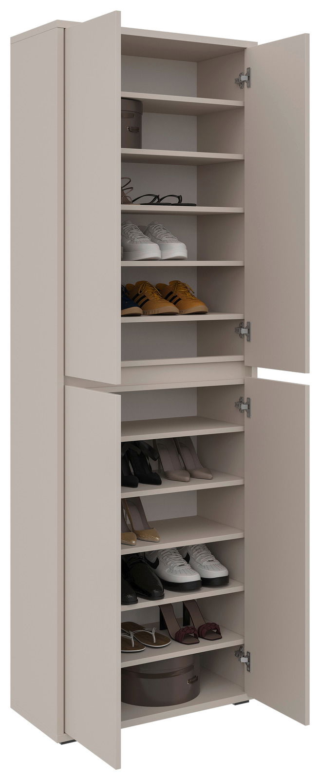 XXL-Schuh- und Mehrzweckschrank mit offenen Türen, gefüllt mit verschiedenen Schuhen und Accessoires, seitliche Perspektive