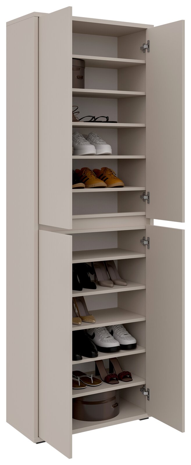 XXL-Schuh- und Mehrzweckschrank mit offenen Türen, gefüllt mit verschiedenen Schuhen und Accessoires, seitliche Perspektive