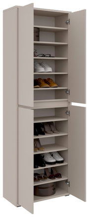 XXL-schoenen- en multifunctionele kast met open deuren, gevuld met diverse schoenen en accessoires, zijaanzicht