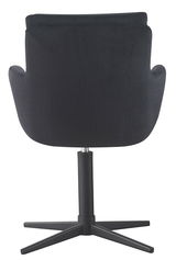 Rückansicht eines schwarzen Armlehnstuhls mit drehbarem Fußgestell