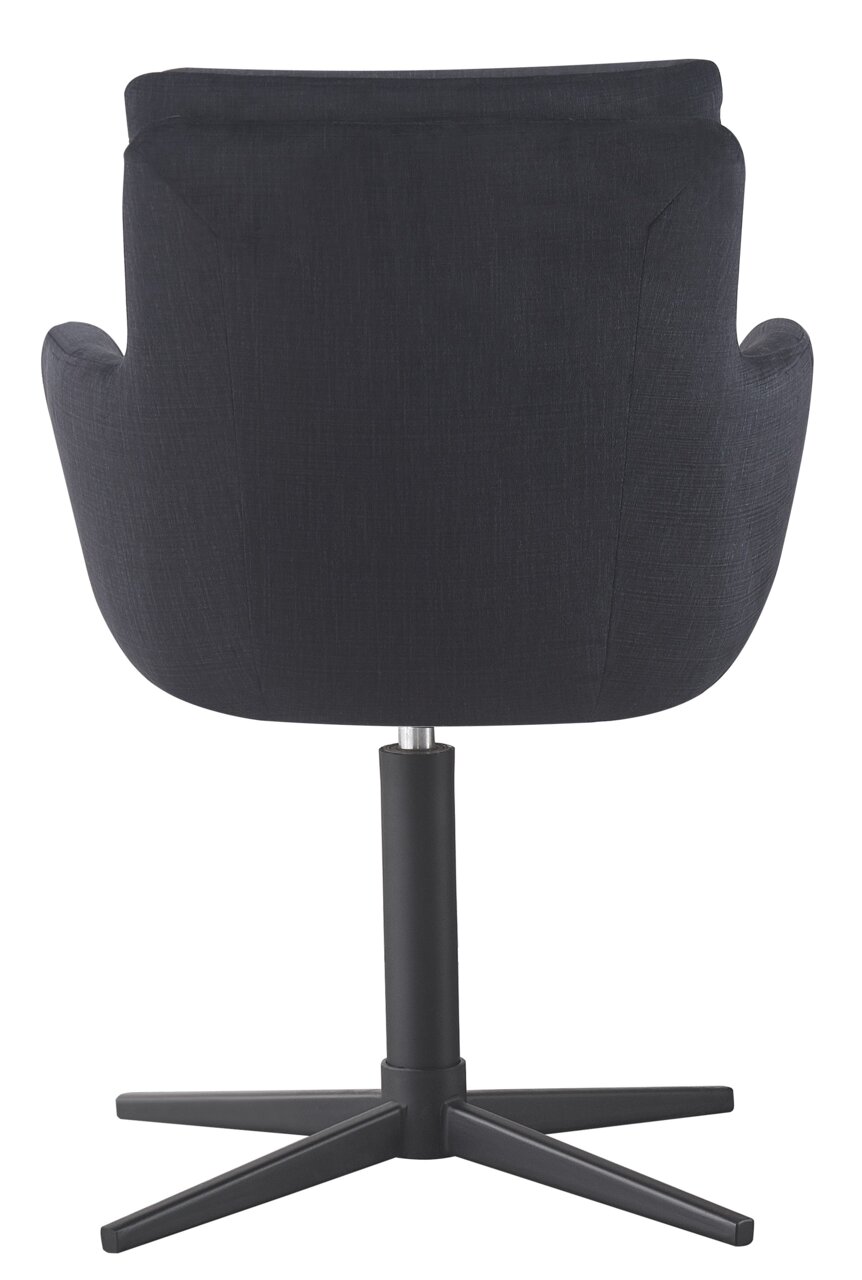 Achterkant van een zwarte fauteuil met draaibaar onderstel