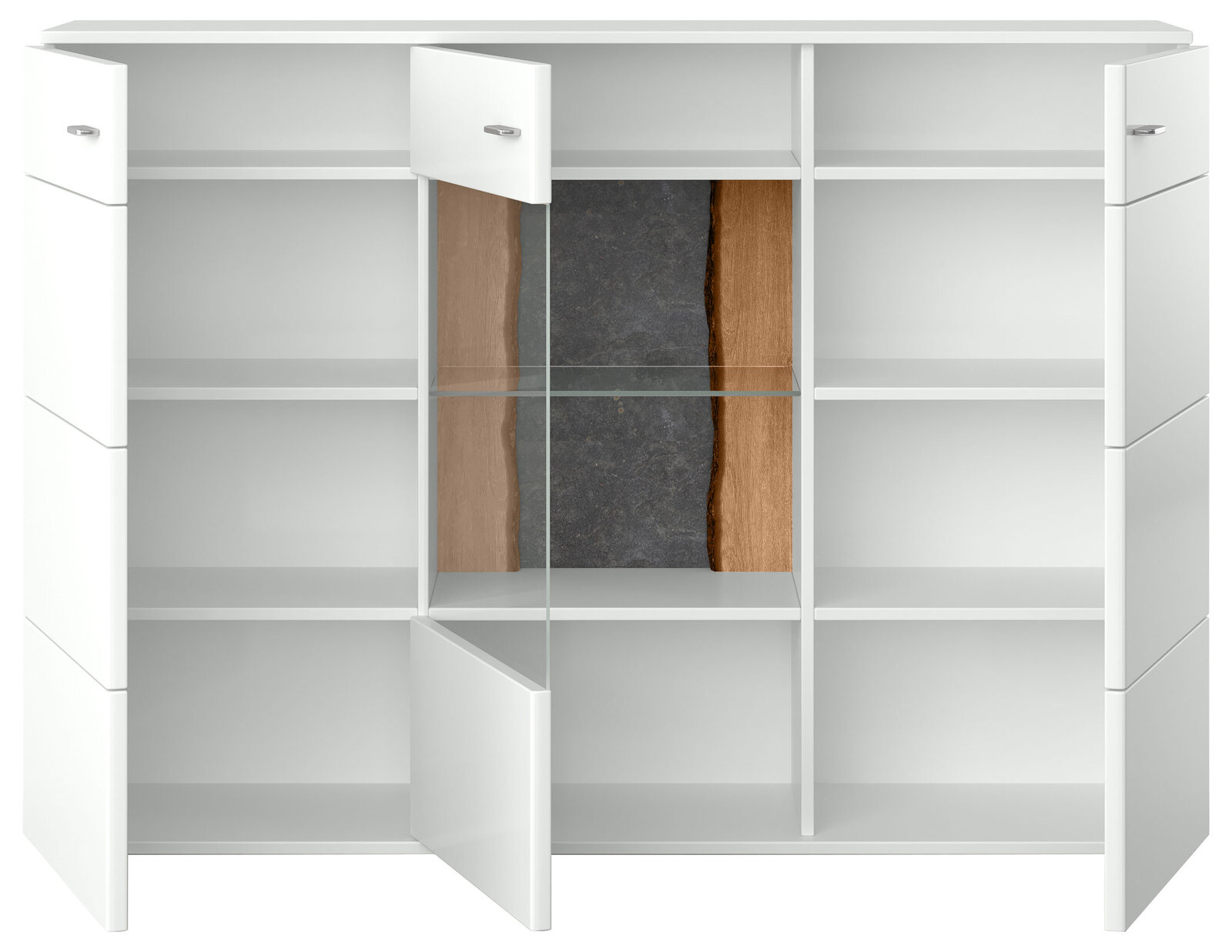 Weißes Highboard mit offenen und geschlossenen Fächern, teilweise mit Glaseinsatz, Frontalansicht