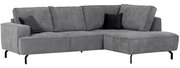 Graues Ecksofa mit Ottomane rechts, zwei schwarzen Kissen, Ansicht von vorne.