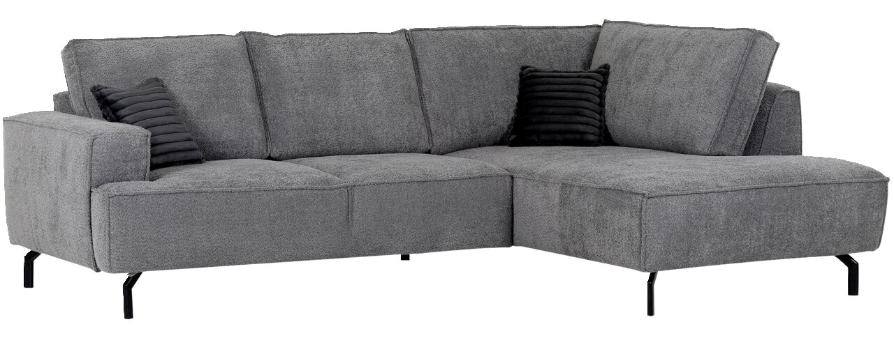 Graues Ecksofa mit Ottomane rechts, zwei schwarzen Kissen, Ansicht von vorne.