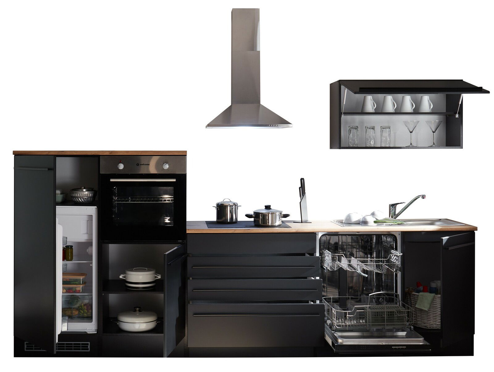 Moderne Küchenzeile mit Kühlschrank, Backofen, Geschirrspüler und Hängeschrank, frontal abgebildet.