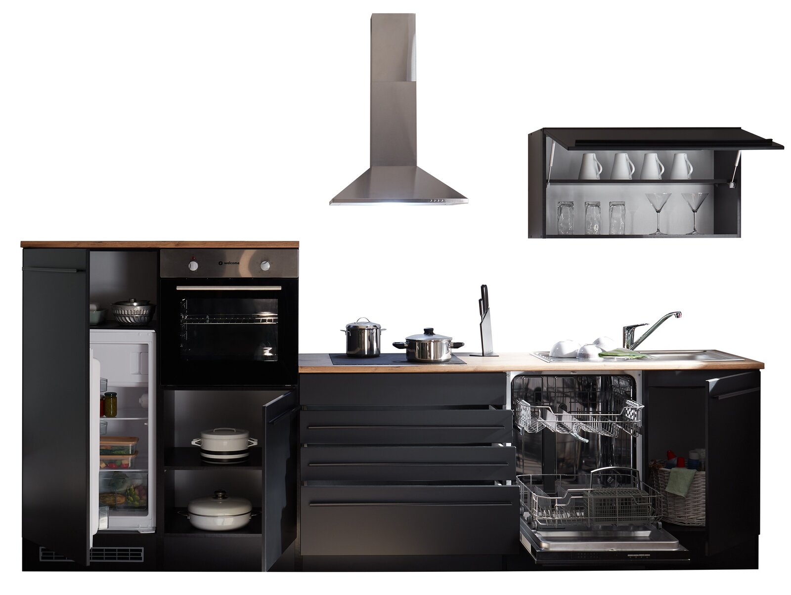 Moderne Küchenzeile mit Kühlschrank, Backofen, Geschirrspüler und Hängeschrank, frontal abgebildet.