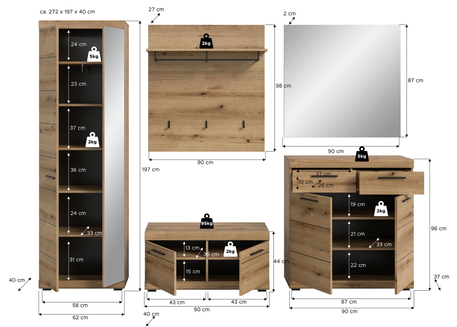 Garderoben-Set 5-teilig in Holzoptik, bestehend aus einem hohen Schrank mit Spiegel, einer Wandgarderobe mit Haken und Ablage, einem quadratischen Spiegel, einer Kommode mit Schubladen und einem Schuhschrank. Frontale Ansicht.