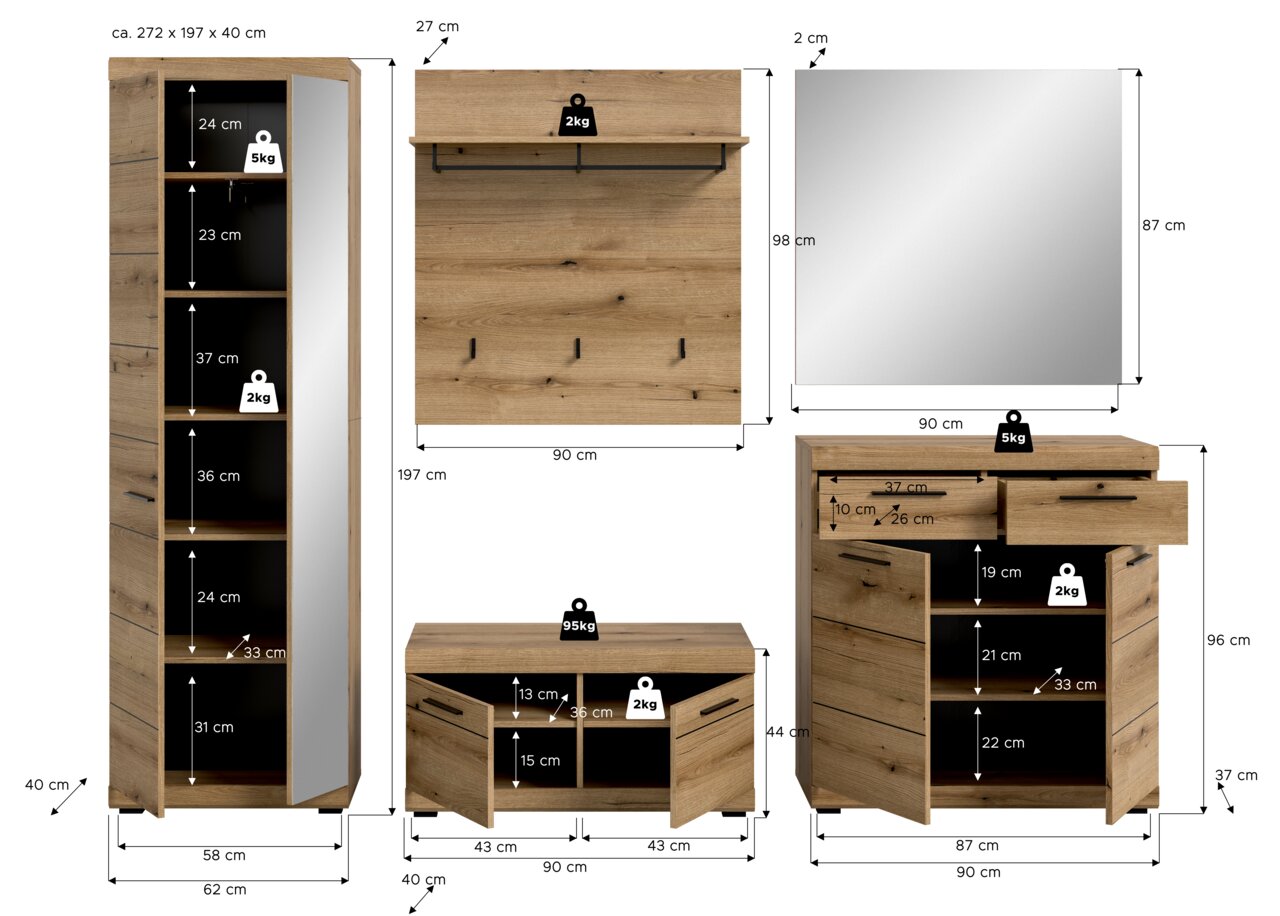 Garderoben-Set 5-teilig in Holzoptik, bestehend aus einem hohen Schrank mit Spiegel, einer Wandgarderobe mit Haken und Ablage, einem quadratischen Spiegel, einer Kommode mit Schubladen und einem Schuhschrank. Frontale Ansicht.