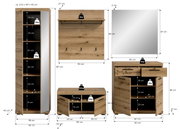 Garderoben-Set 5-teilig in Holzoptik, bestehend aus einem hohen Schrank mit Spiegel, einer Wandgarderobe mit Haken und Ablage, einem quadratischen Spiegel, einer Kommode mit Schubladen und einem Schuhschrank. Frontale Ansicht.
