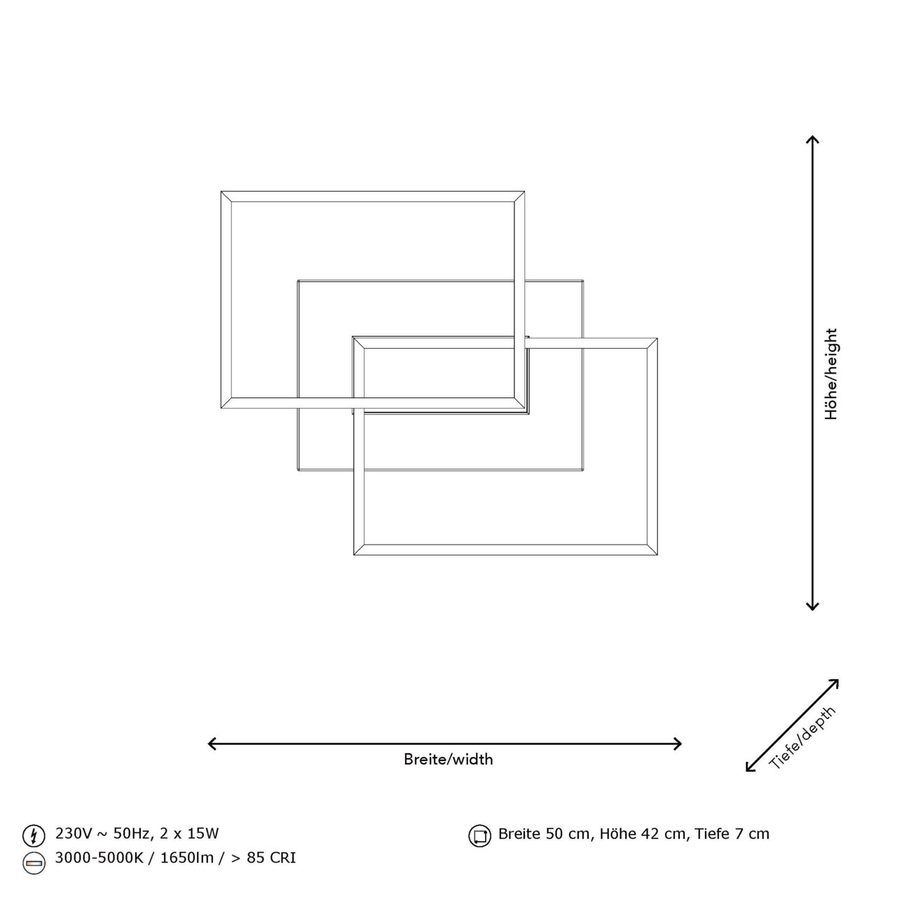 LED-Deckenleuchte in rechteckigem Design, Draufsicht, Maße: Breite 50 cm, Höhe 42 cm, Tiefe 7 cm