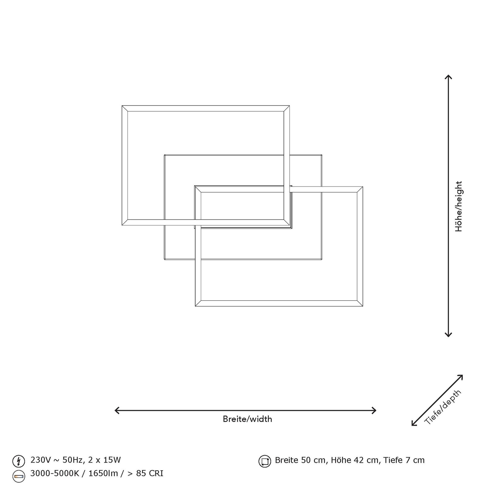 LED-Deckenleuchte in rechteckigem Design, Draufsicht, Maße: Breite 50 cm, Höhe 42 cm, Tiefe 7 cm