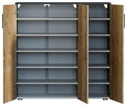 Schuhschrank mit geöffneter Frontansicht, zeigt mehrere Regalböden und Holztüren.