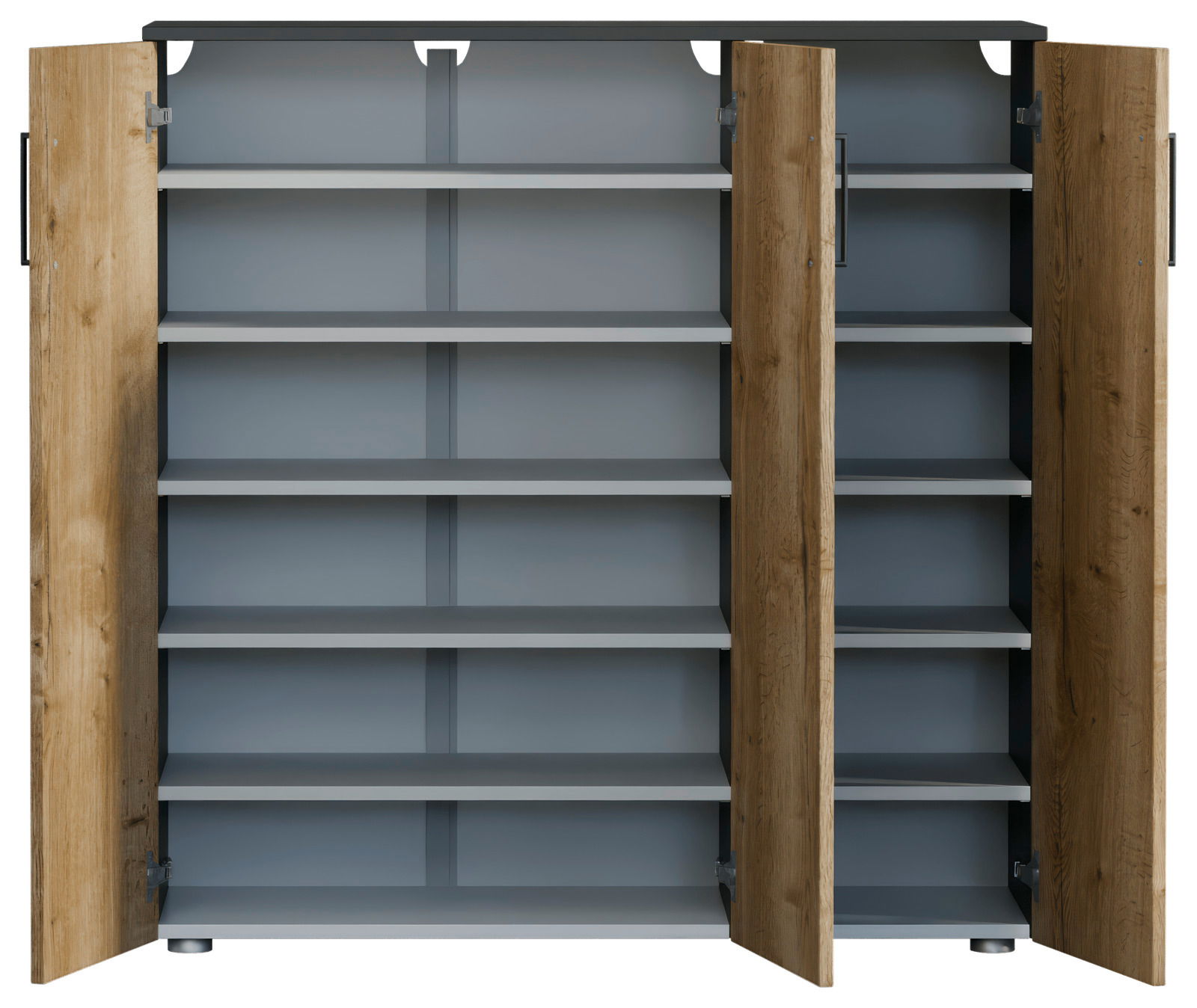 Schuhschrank mit geöffneter Frontansicht, zeigt mehrere Regalböden und Holztüren.