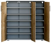 Schuhschrank mit geöffneter Frontansicht, zeigt mehrere Regalböden und Holztüren.