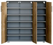 Schuhschrank mit geöffneter Frontansicht, zeigt mehrere Regalböden und Holztüren.
