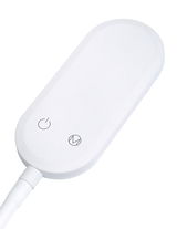 Nahaufnahme eines weißen, ovalen Schalters mit zwei Symbolen für Ein/Aus und Modus, Teil der LED Stehleuchte Power.