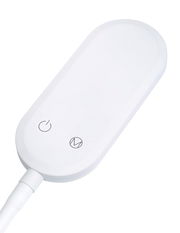 Nahaufnahme eines weißen, ovalen Schalters mit zwei Symbolen für Ein/Aus und Modus, Teil der LED Stehleuchte Power.