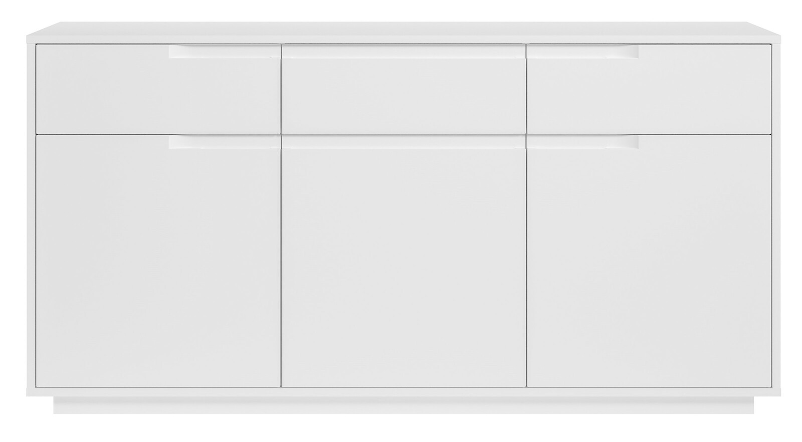 Weißes Sideboard mit drei Schubladen und drei Türen, frontale Ansicht
