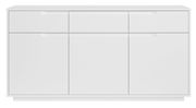Weißes Sideboard mit drei Schubladen und drei Türen, frontale Ansicht