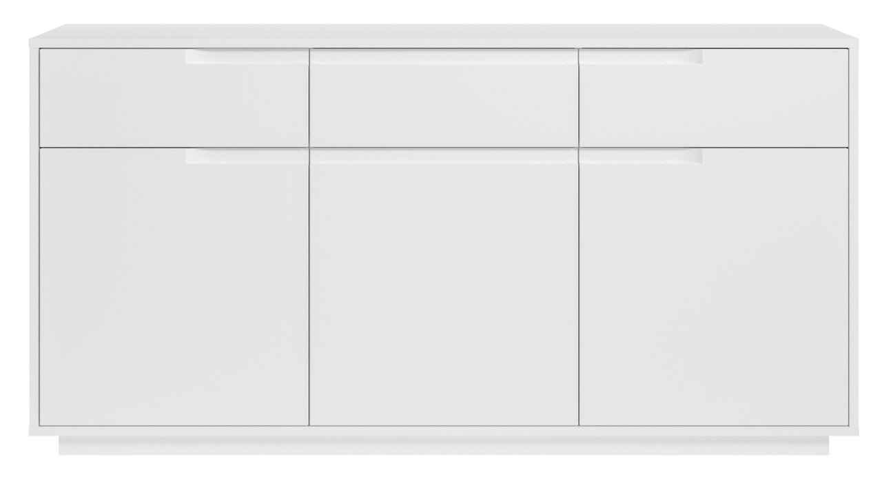 Weißes Sideboard mit drei Schubladen und drei Türen, frontale Ansicht