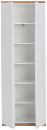 Weißer Garderobenschrank mit Holzakzent, offene Türen, fünf Regalböden, Frontalansicht