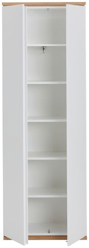 Weißer Garderobenschrank mit Holzakzent, offene Türen, fünf Regalböden, Frontalansicht