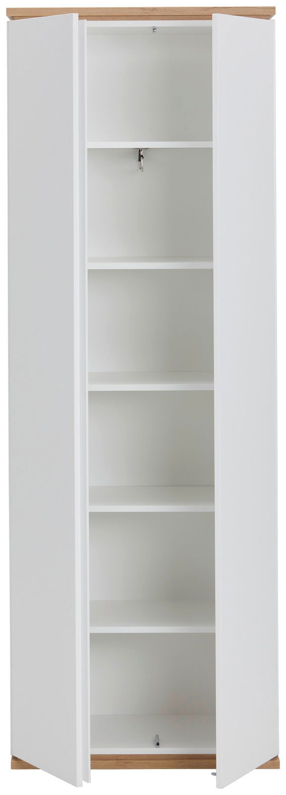 Weißer Garderobenschrank mit Holzakzent, offene Türen, fünf Regalböden, Frontalansicht