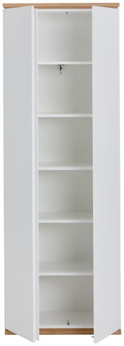 Weißer Garderobenschrank mit Holzakzent, offene Türen, fünf Regalböden, Frontalansicht