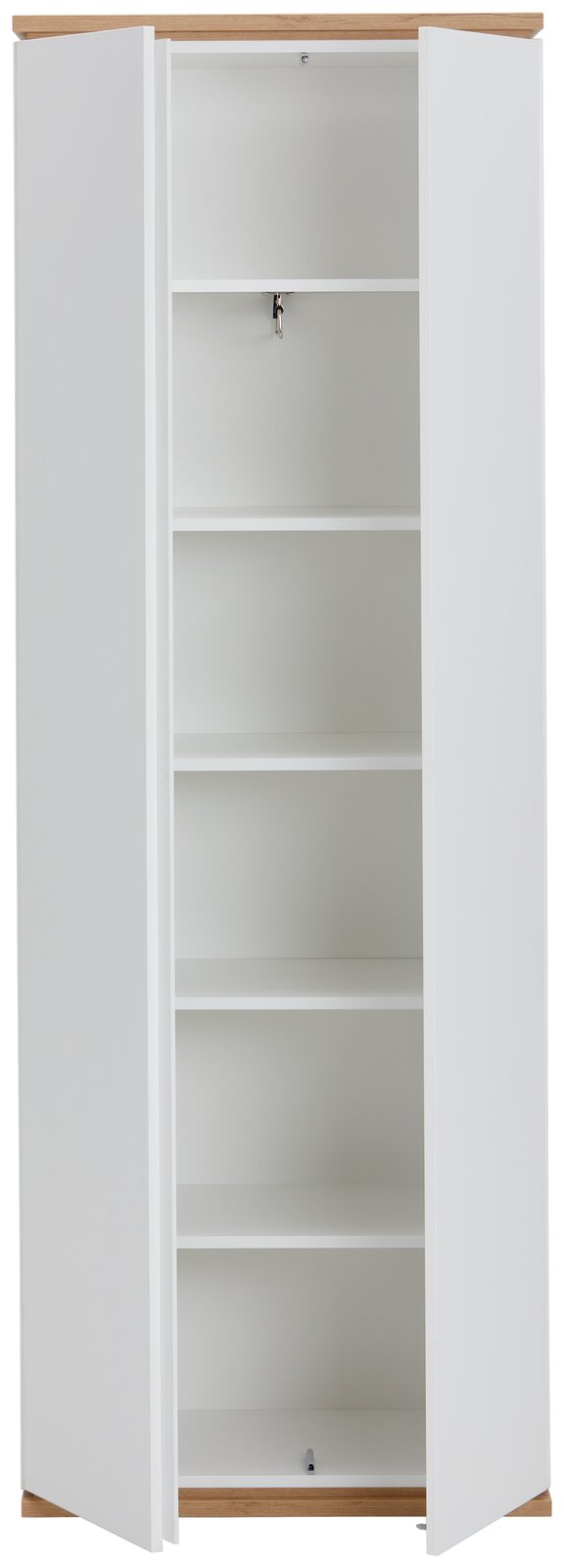 Weißer Garderobenschrank mit Holzakzent, offene Türen, fünf Regalböden, Frontalansicht