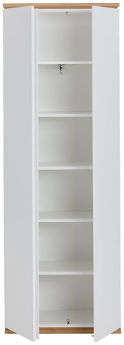 Weißer Garderobenschrank mit Holzakzent, offene Türen, fünf Regalböden, Frontalansicht