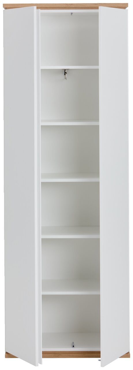Weißer Garderobenschrank mit Holzakzent, offene Türen, fünf Regalböden, Frontalansicht